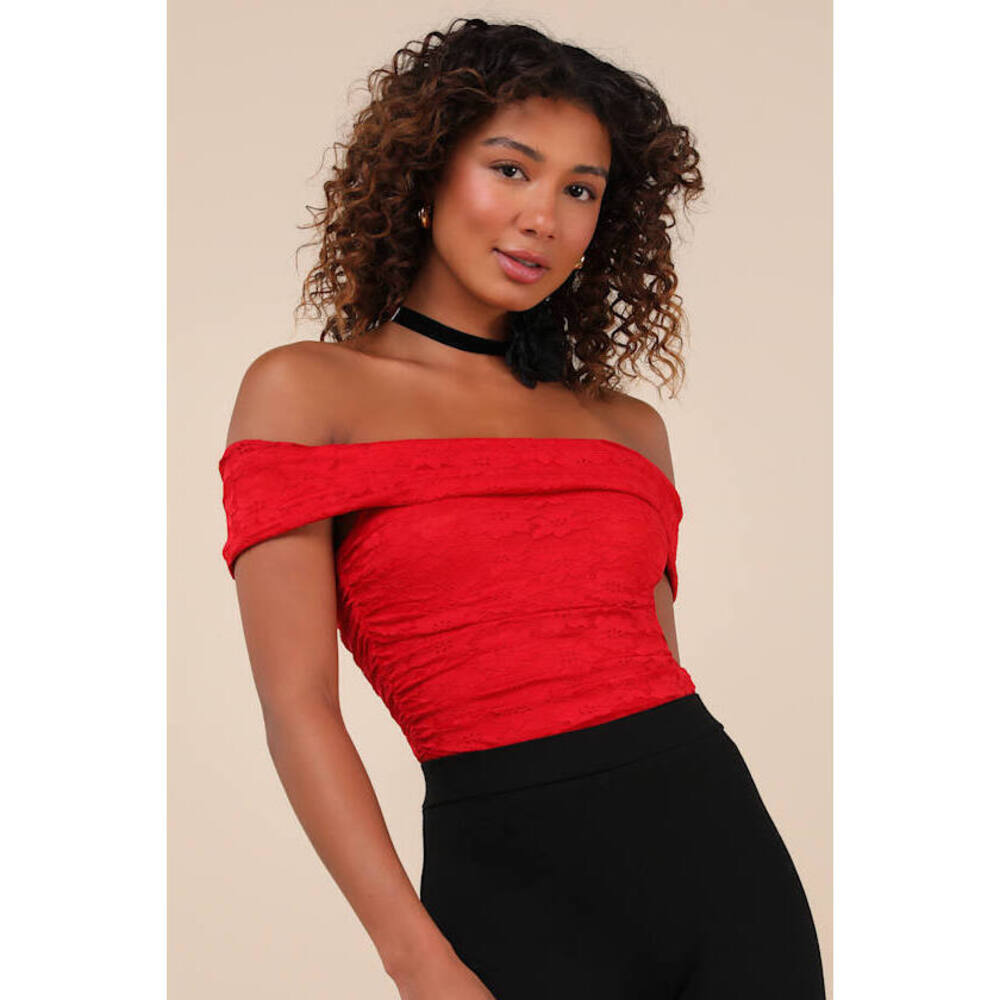 Lulus Sultry Whimsy Red Lace Off-the-shoulder Bodysuit - Size L